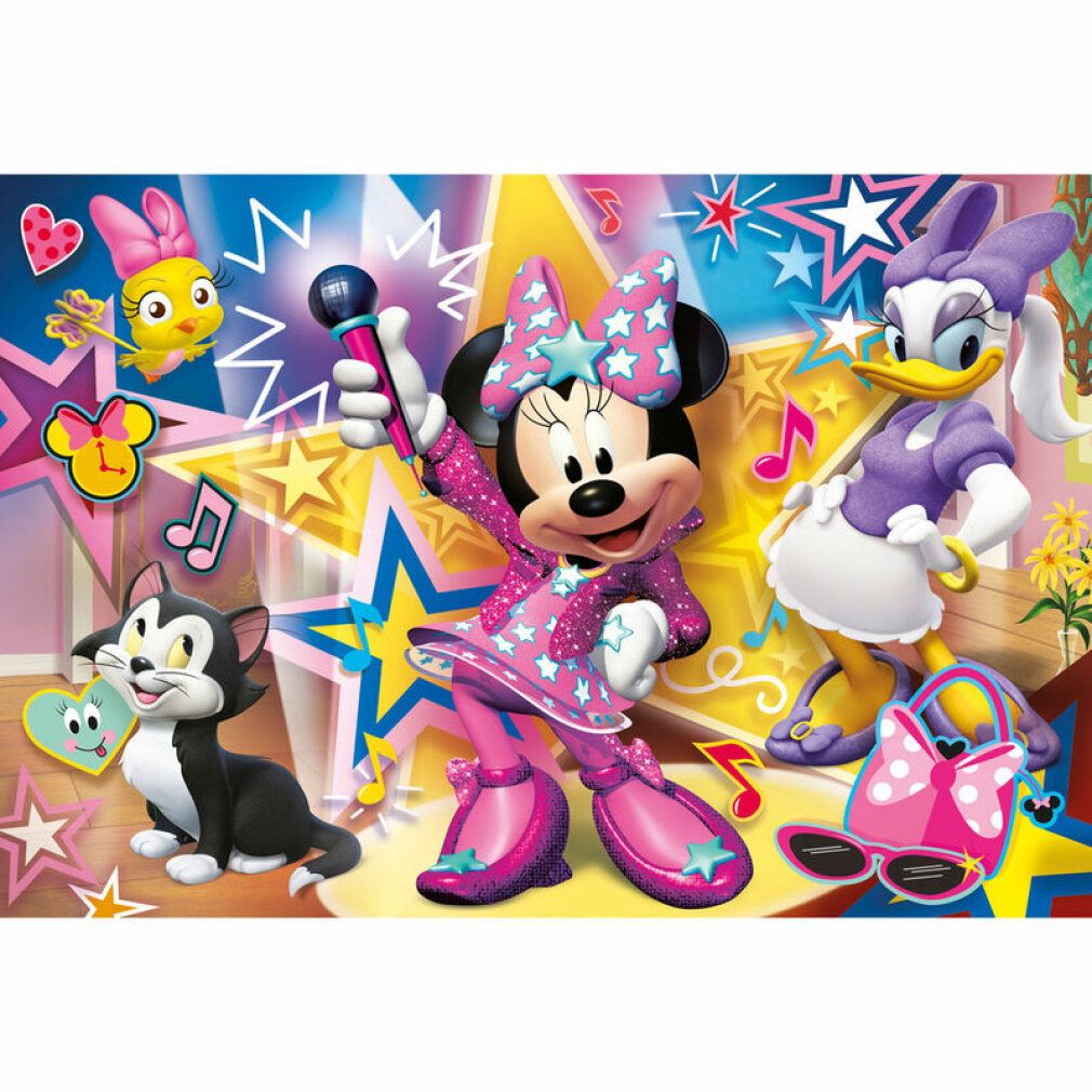 Puzzle con Minnie Mouse, Paperina e il gatto Figaro. 60 pezzi. Stelle e note. Rosa, viola e giallo.