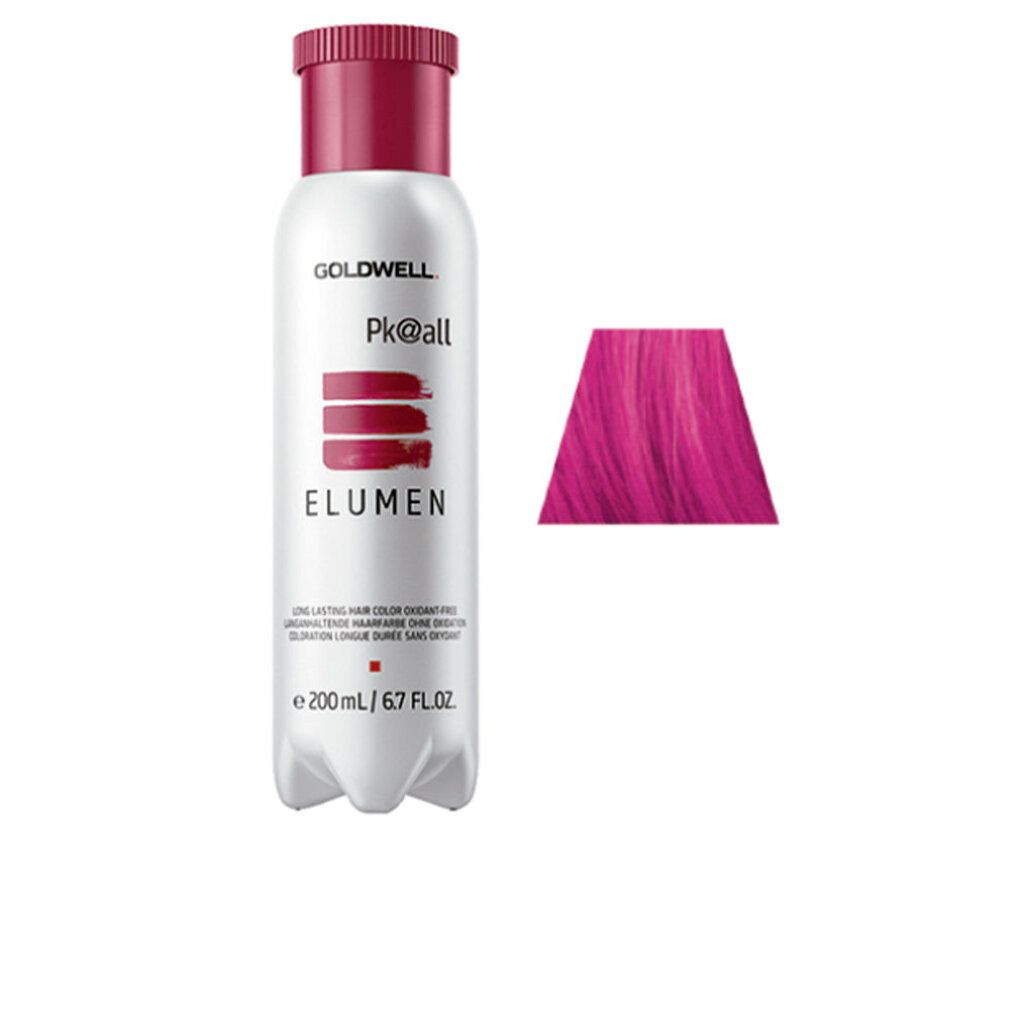 Goldwell Elumen pk@all. Flacone con tappo rosa e campione colore. Testo: Elumen, pk@all, 200 ml.
