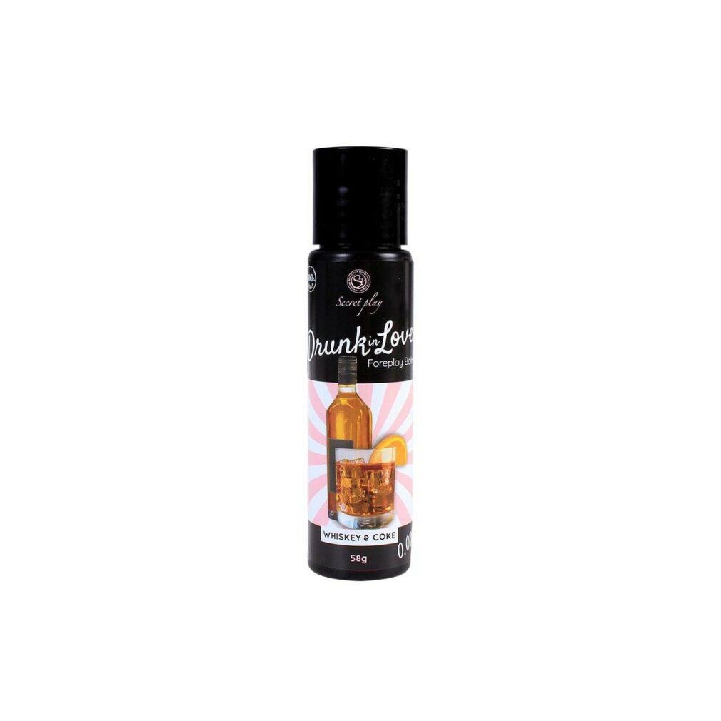 Flacone nero con scritta "Drunk in Love". Illustrazione di cocktail whisky e cola. Indicazione 58g.