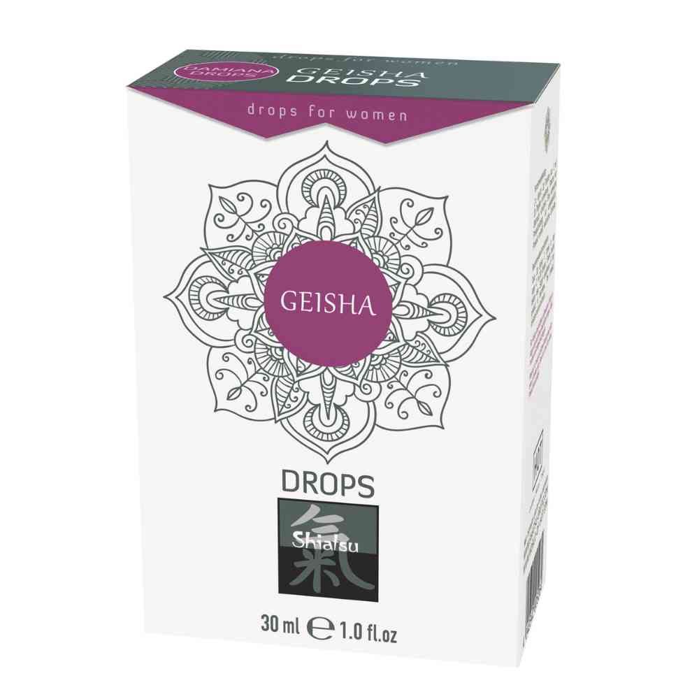 Scatola bianca con accenti viola. Scritta: Geisha Drops, Shiatsu, Drops, 30 ml, 1.0 fl oz.