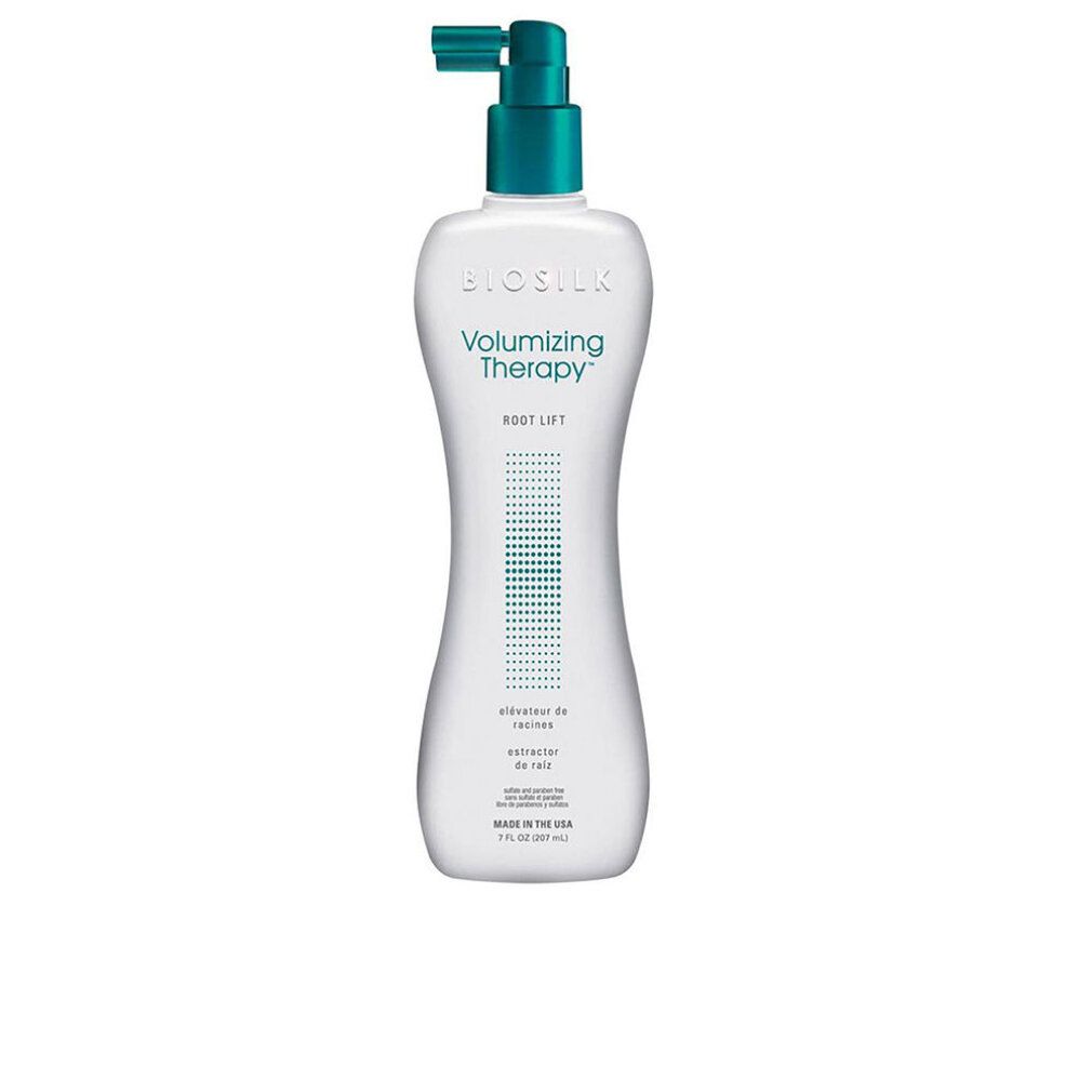 Flacone bianco con erogatore verde. Testo: Volumizing Therapy Root Lift. Marchio: Biosilk.