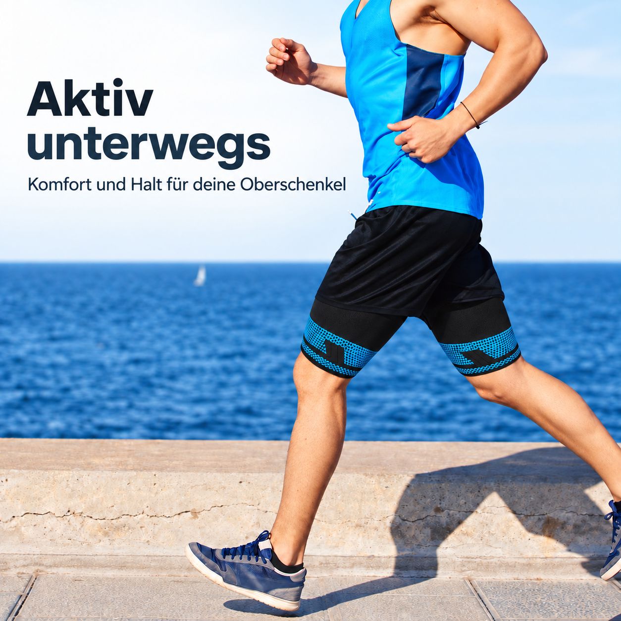Corridore con fasce coscia AGILE NOW sulla spiaggia.