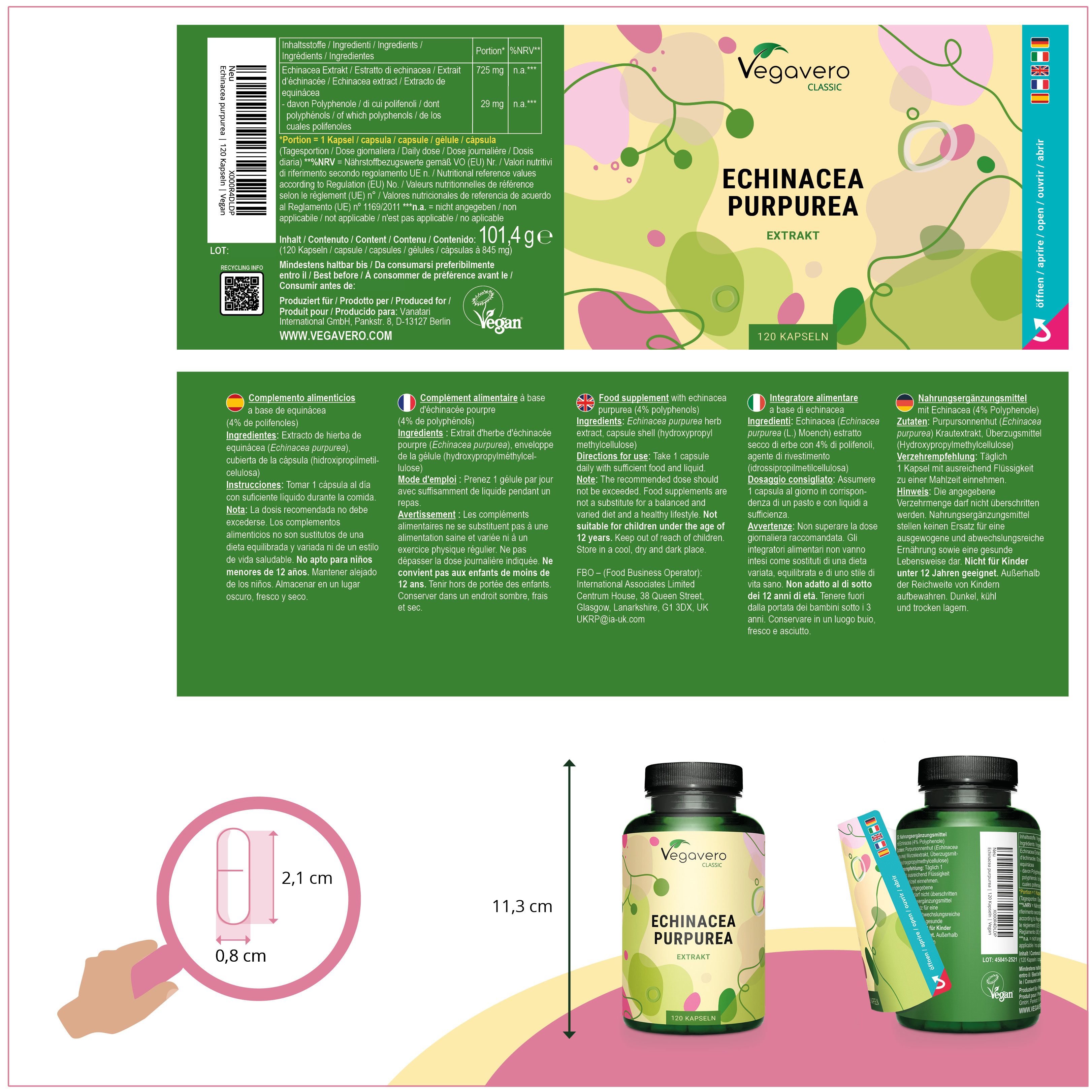 Confezione del prodotto con etichetta e flacone. Scritta: Vegavaro, Echinacea Purpurea Extrakt. Dimensioni: 11,3 cm di altezza, capsula 0,8 x 2,1 cm.