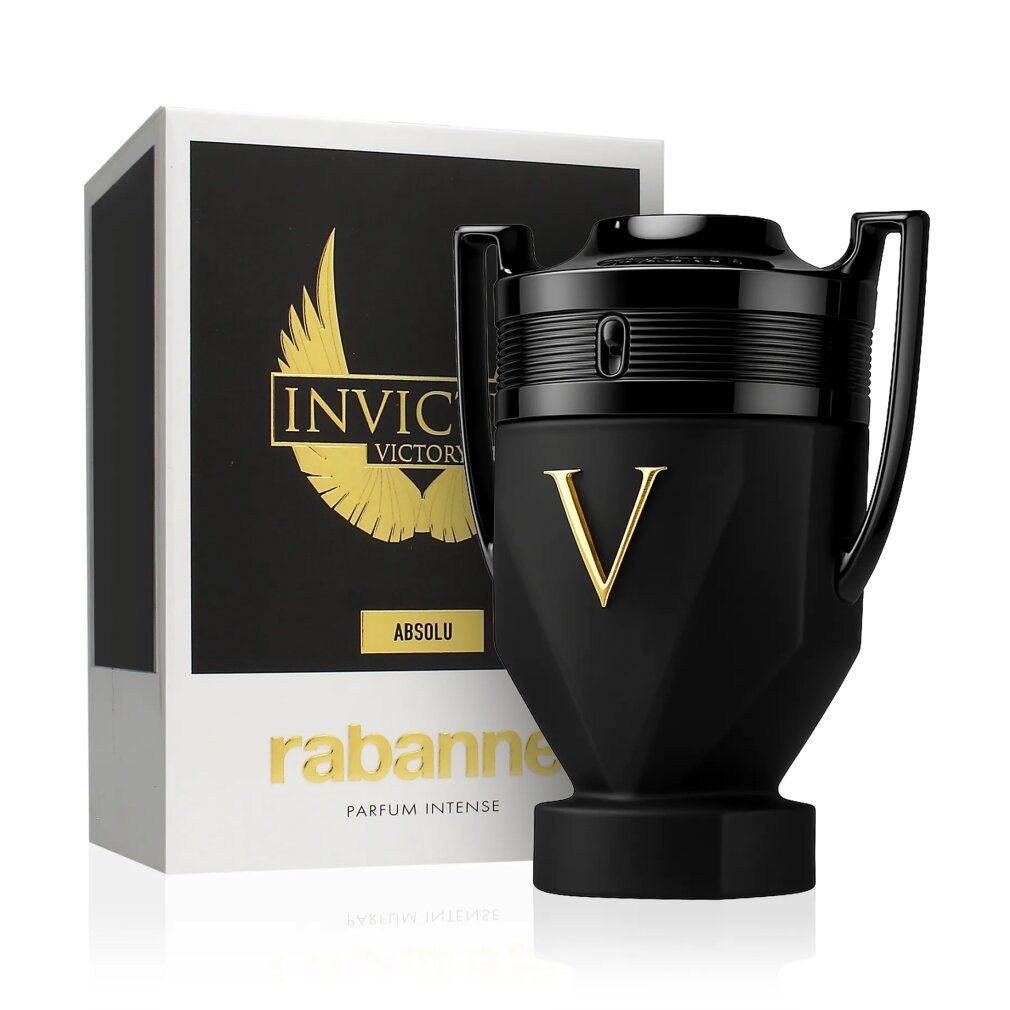 Flacone nero con "V" dorata. Confezione bianca con logo e nome del prodotto. Scritta "Invictus Victory Absolu".