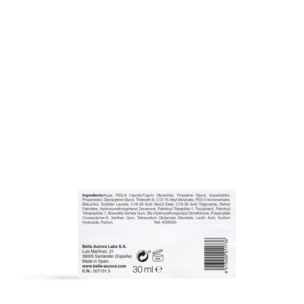 Scatola bianca con testo. Contiene ingredienti, indirizzo produttore, 30 ml e un simbolo.