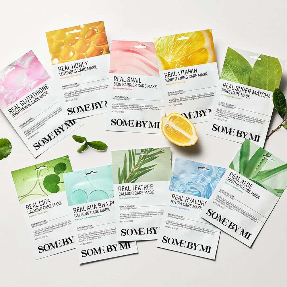 Varie maschere per il viso SOMEBYMI. Varietà: Miele, Lumaca, Vitamina, Matcha, Glutatione, Cica, AHA, Tè, Ialuronico, Aloe.