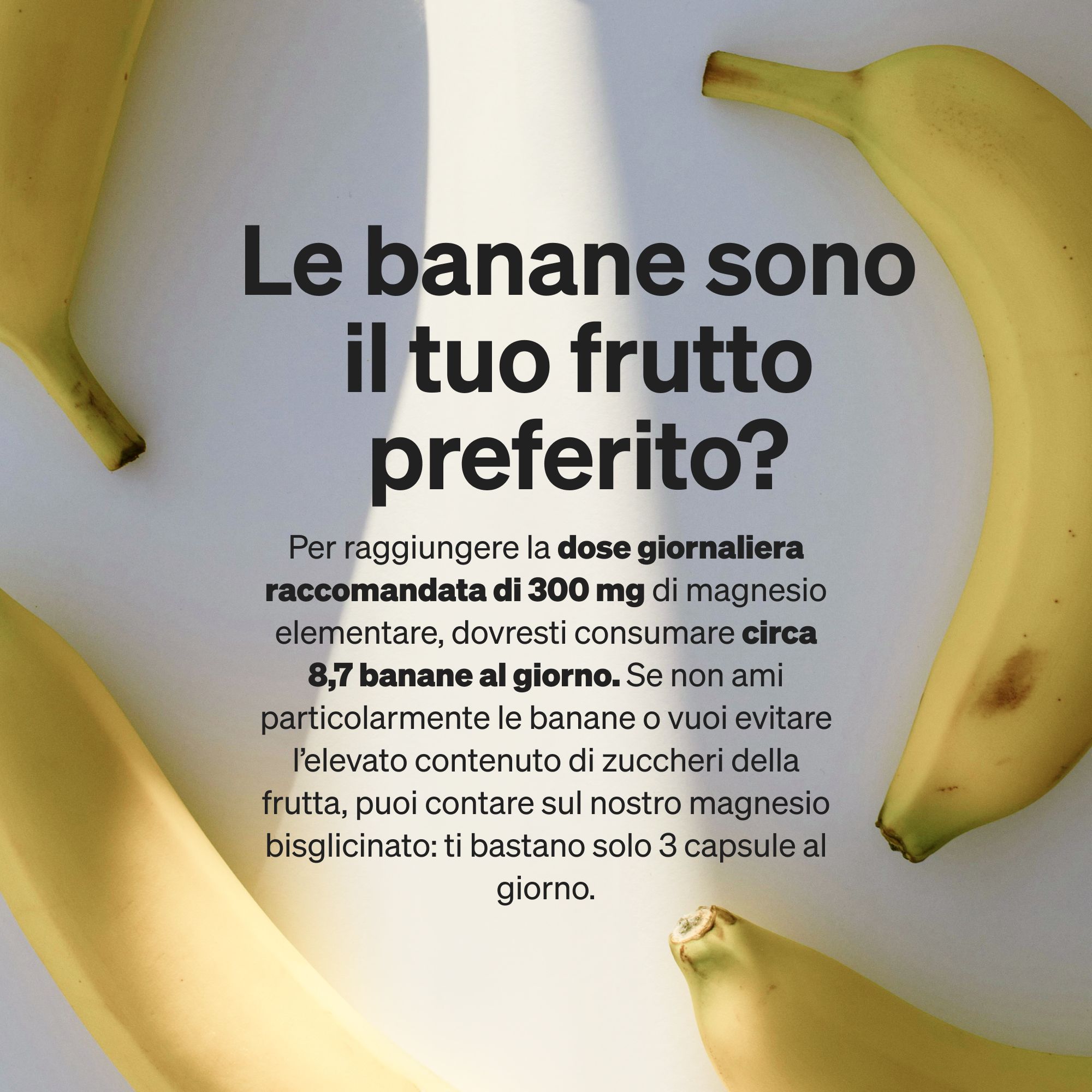 Banane con testo sulla dose giornaliera di magnesio.