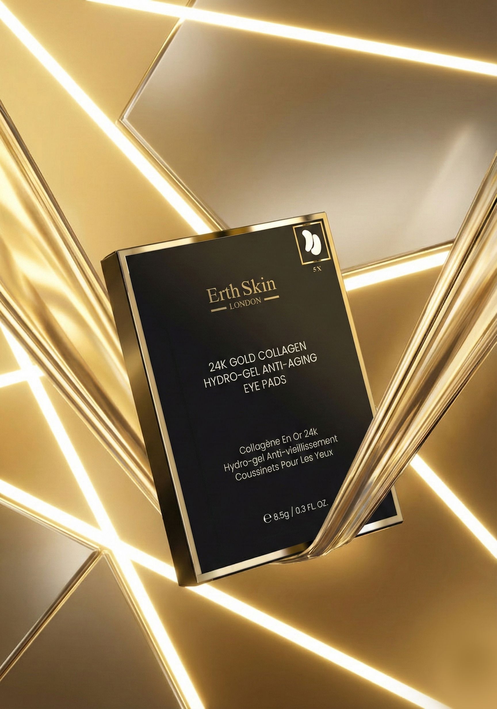 Confezione nera con scritte dorate per patch occhi idrogel al collagene 24K Gold.