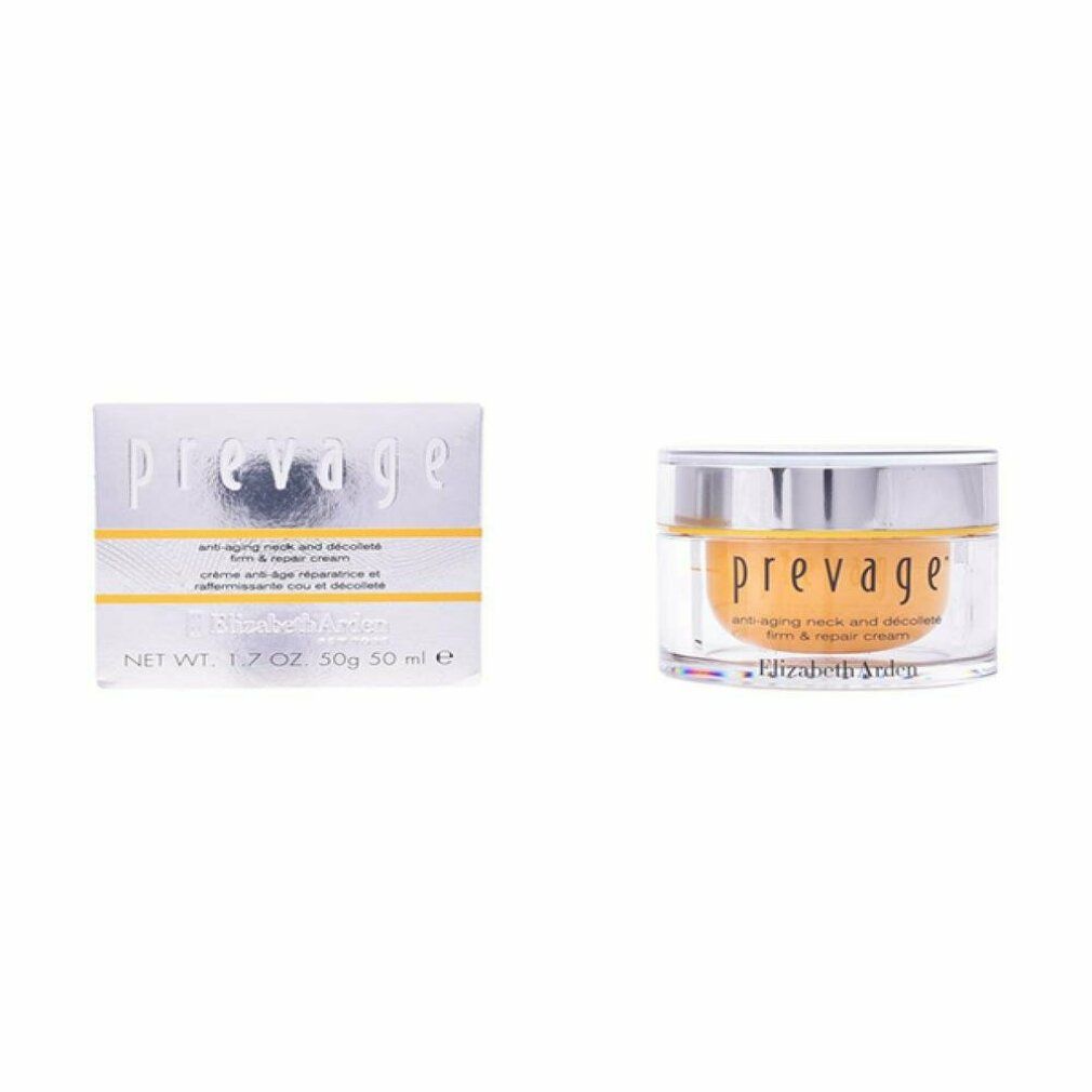 Vaso e scatola di crema. Scritta: prevage, crema anti-età collo e décolleté. Elizabeth Arden.