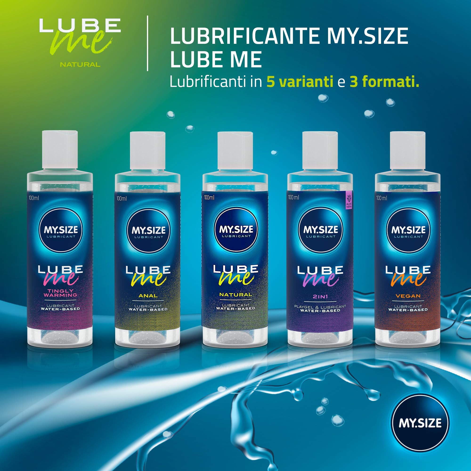 Cinque flaconi di lubrificante My.Size Lube Me in varianti: Tingling, Anal, Natural, 2in1, Vegan.