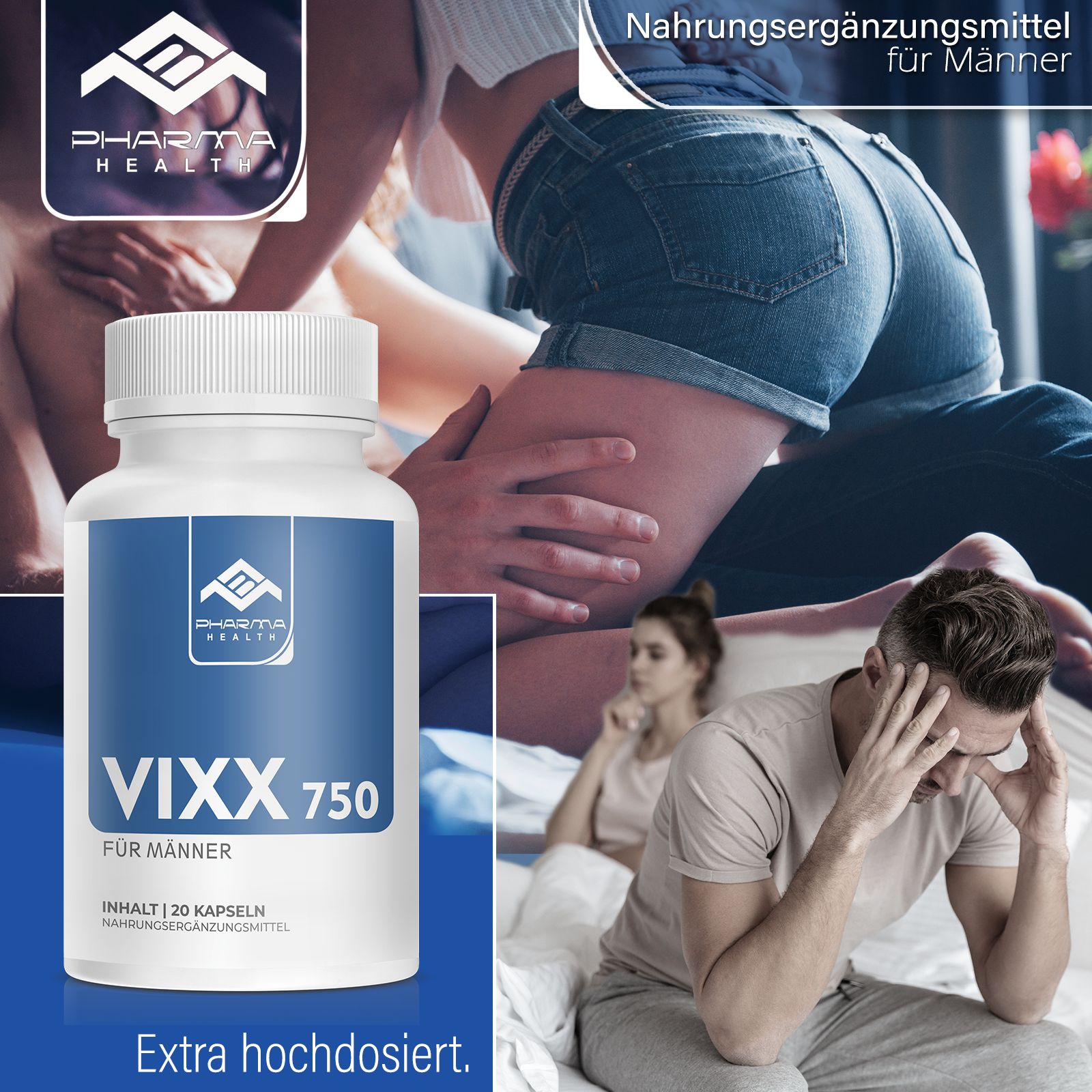 Flacone bianco con etichetta blu. Pharma Health, Vixx 750 per uomini. 20 capsule. Extra dosaggio elevato. Sfondo: coppie a letto.