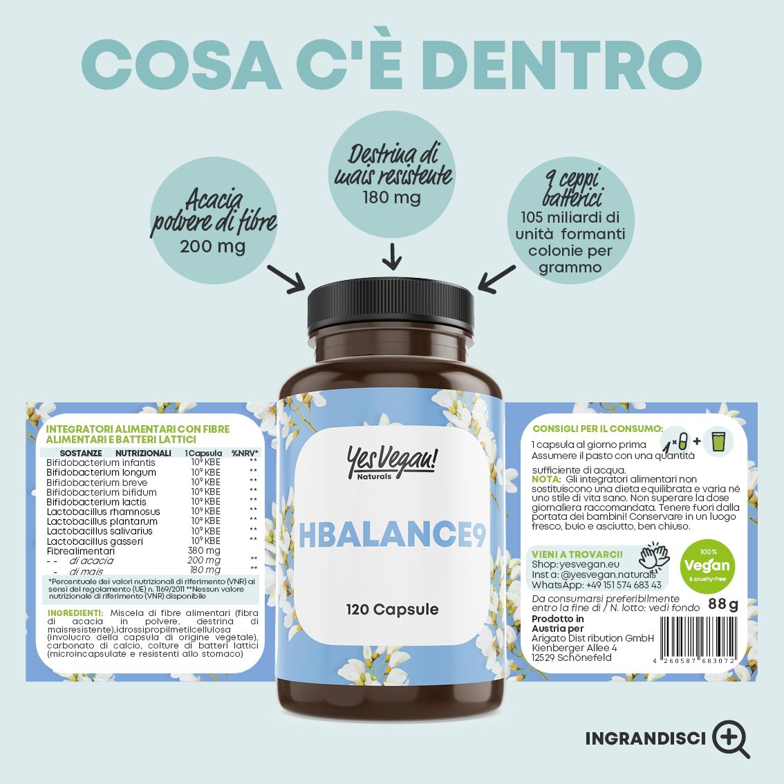 Barattolo HBALANCE9, infografica mostra ingredienti come fibra di acacia e destrina resistente.