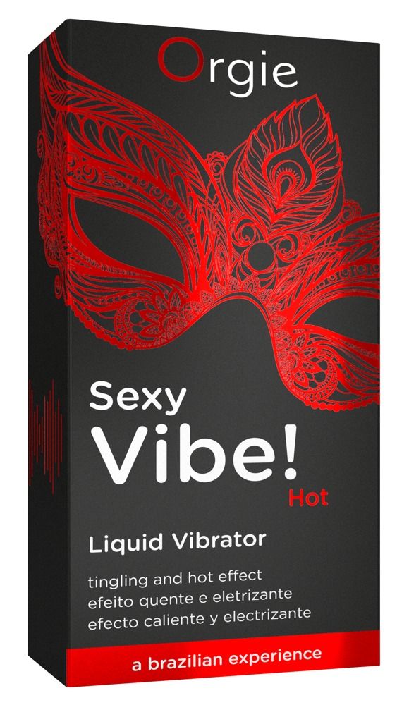 Confezione Orgie Sexy Vibe Hot Liquid Vibrator con maschera rossa e testo.