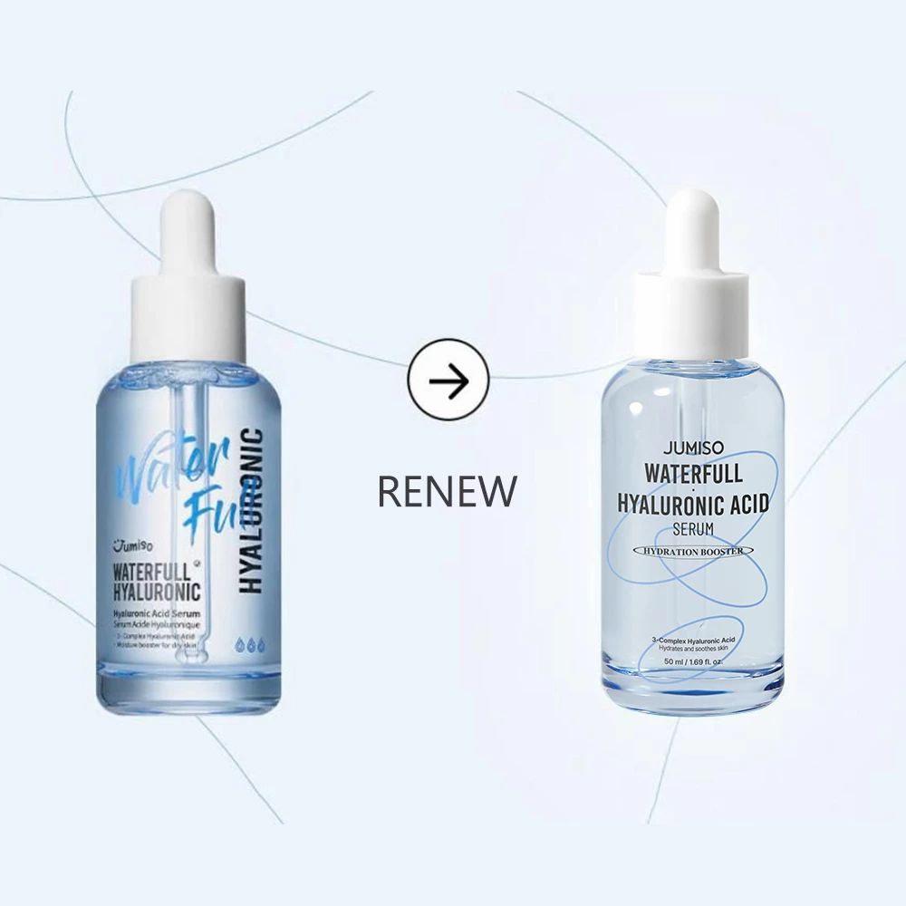 Due flaconi di siero affiancati. Sinistra: Waterfull Hyaluronic. Destra: JUMISO Waterfull Hyaluronic Acid Serum.