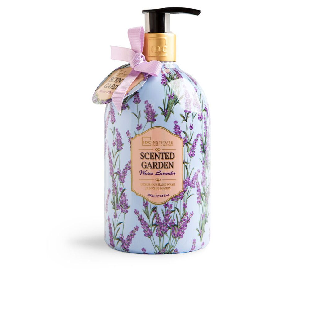 Flacone di sapone per le mani con motivo lavanda. Scritta: Scented Garden, Lilla Lavanda. Con dispenser e fiocco.