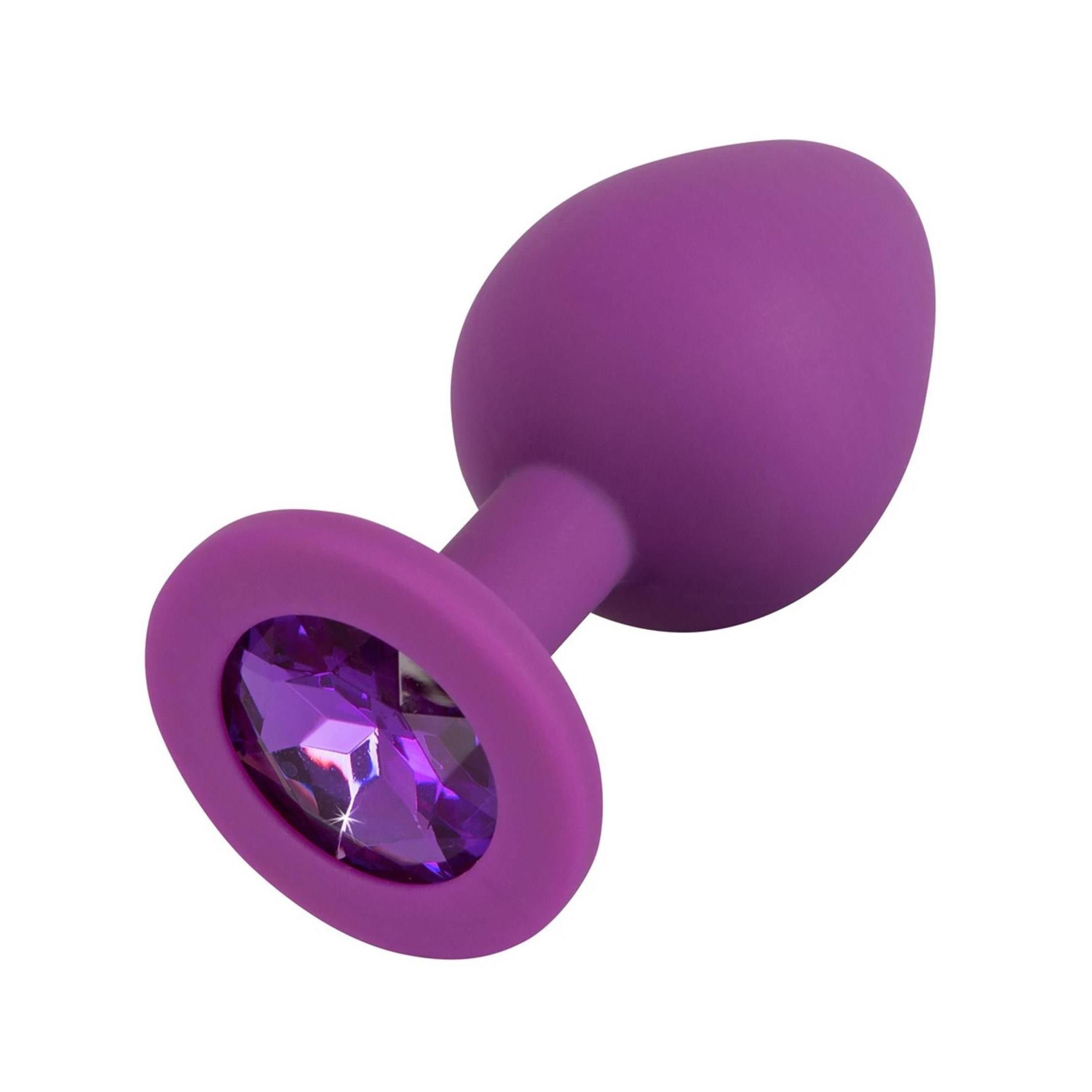 Plug viola con gemma viola. Base rotonda, forma conica. Vista prospettica.