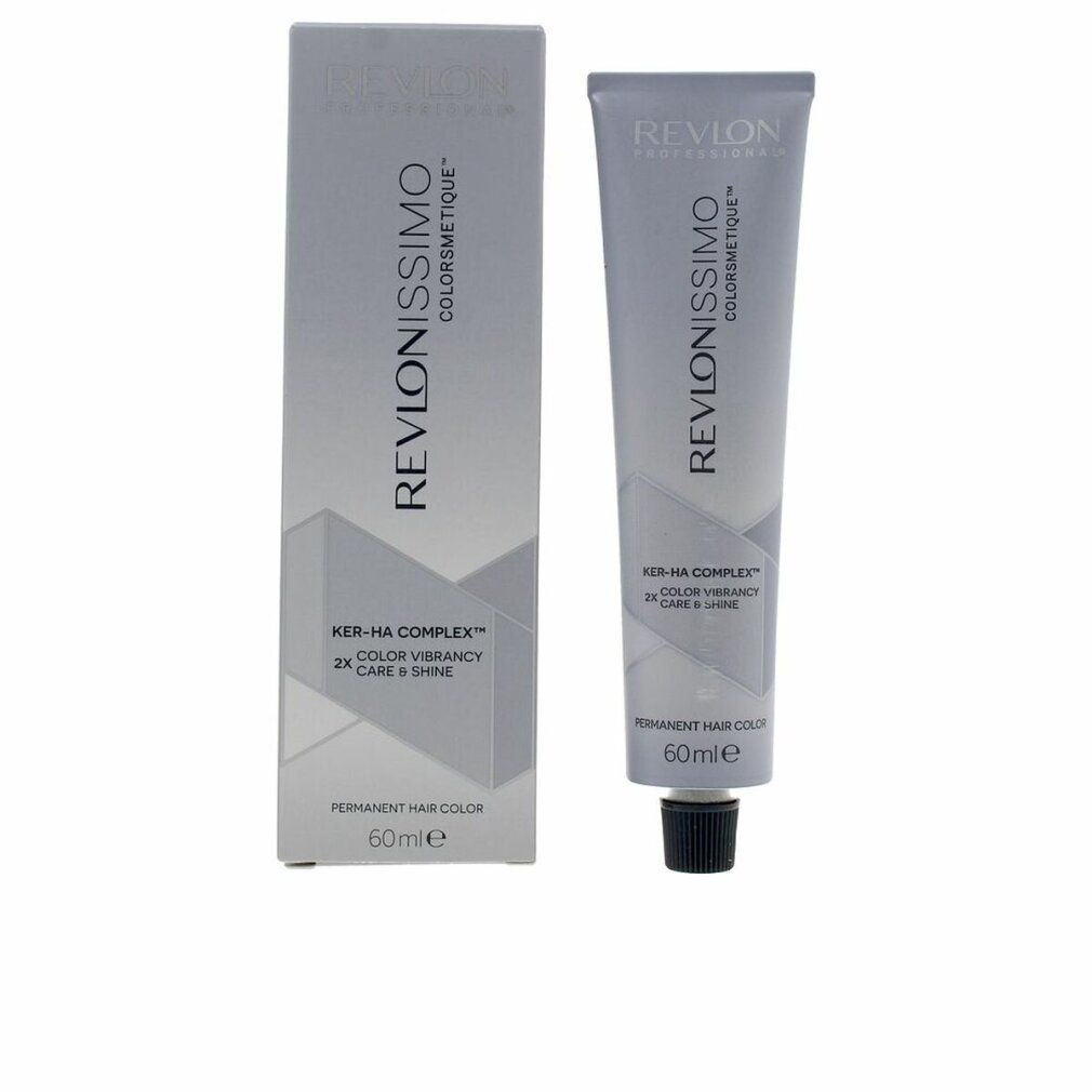 Tubo e scatola di tinta per capelli. Revlonissimo Colorsmetique. 60ml. Colorazione permanente. Ker-HA Complex per brillantezza e lucentezza.
