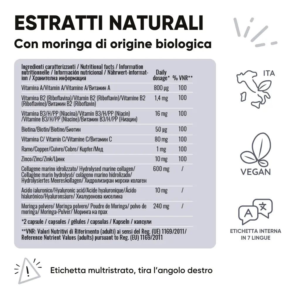 Tabella dei valori nutrizionali. Testo: RedMoringa, Moringa Collagene e Acido Ialuronico. Simbolo vegano. Etichetta in 7 lingue.