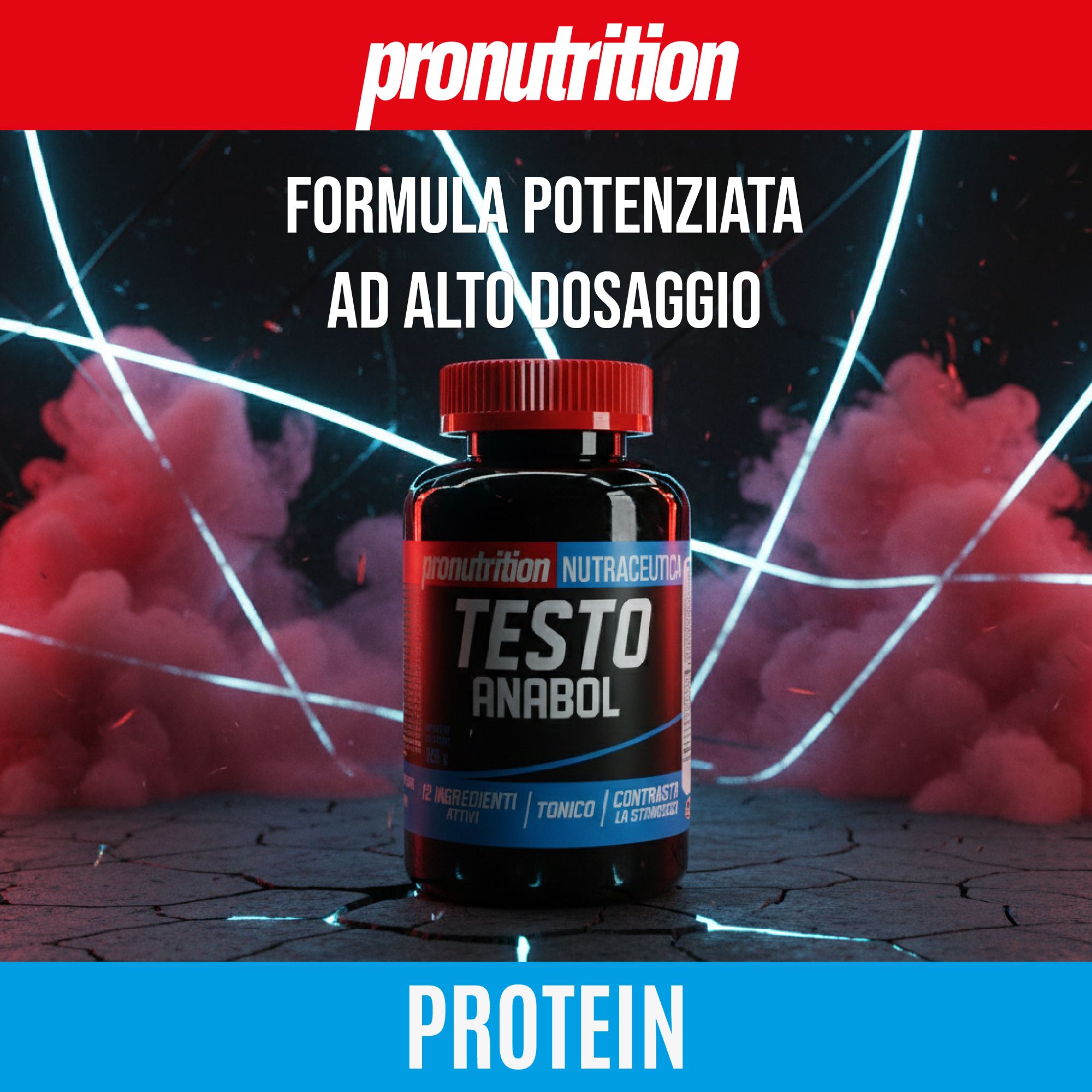 Flacone nero con tappo rosso. Scritta: Testo Anabol. Sfondo con fumo.