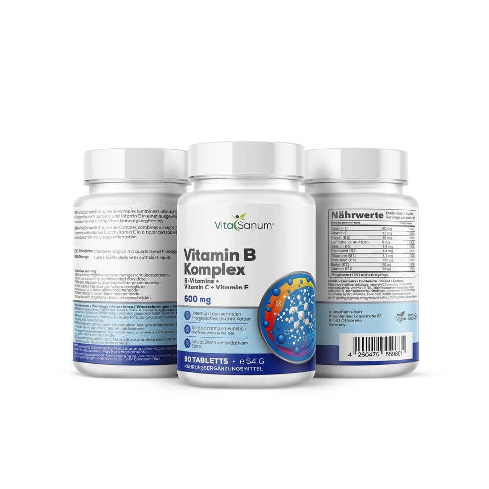 Tre flaconi di VitaSanum complesso di vitamina B. Flaconi bianchi con etichette. 30 compresse. Integratore.