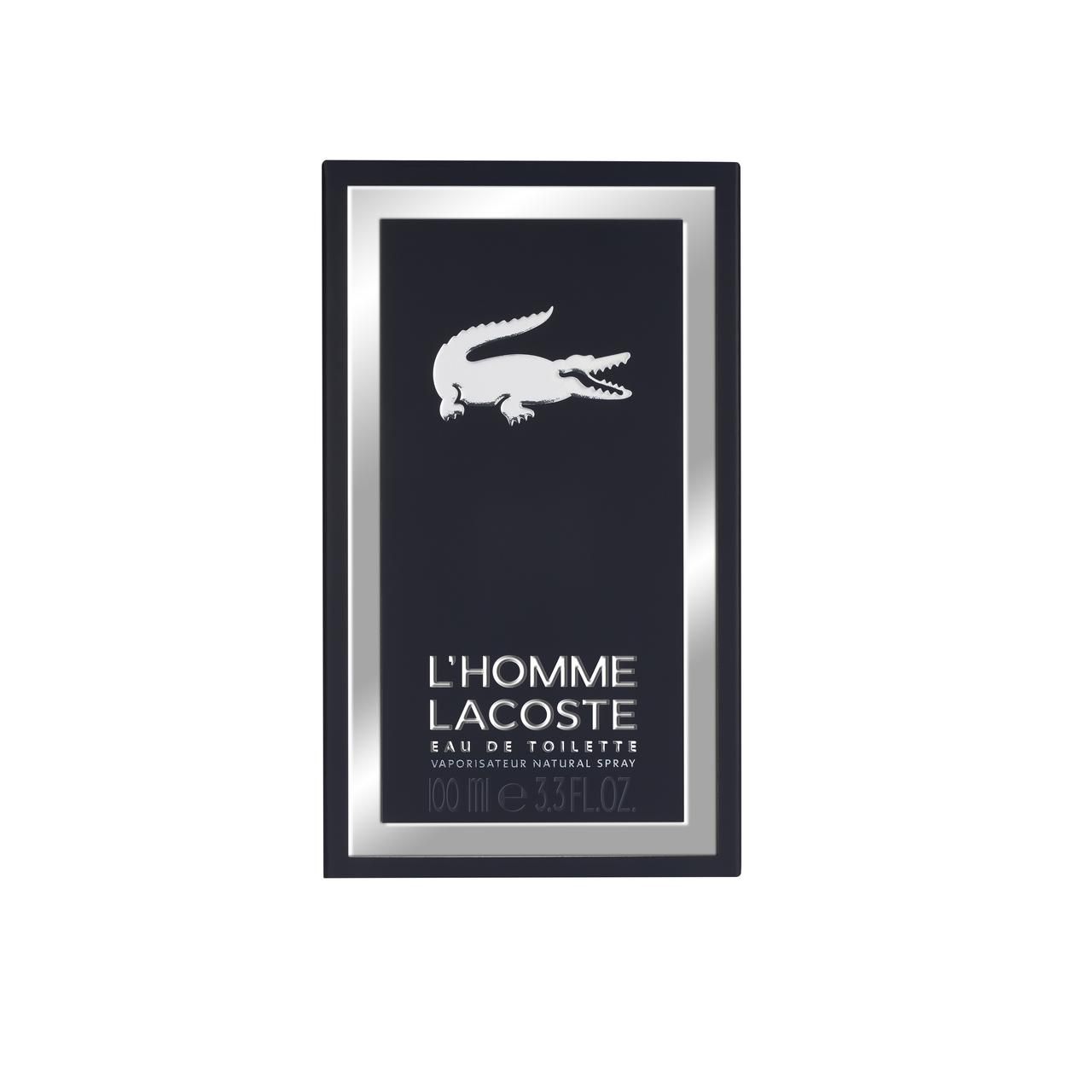 Confezione nera di L'Homme Lacoste EdT. Logo coccodrillo argentato. Nome del prodotto e altre informazioni in argento.