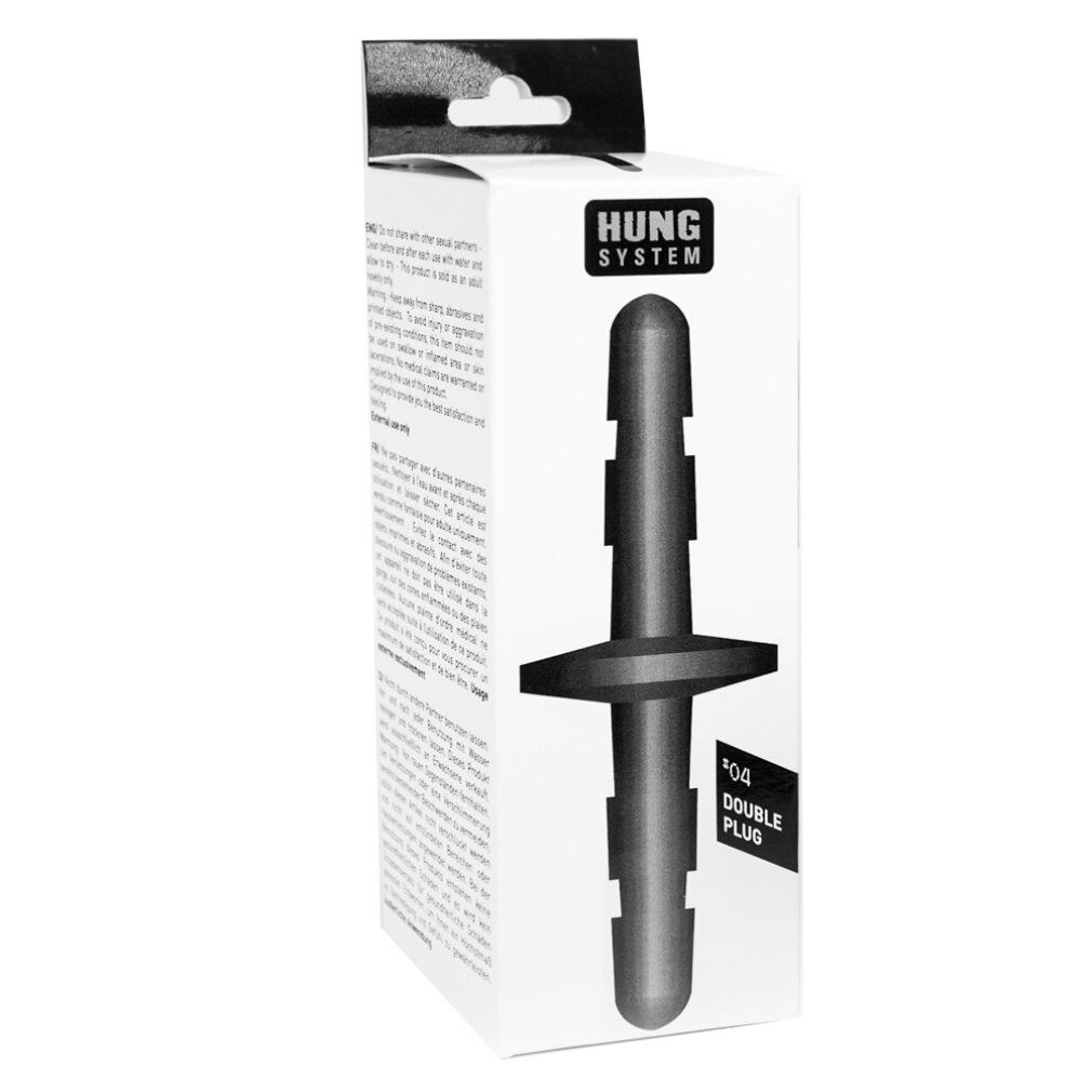 Prodotto in confezione bianca con immagine. Testo: HUNG SYSTEM, DOUBLE PLUG.