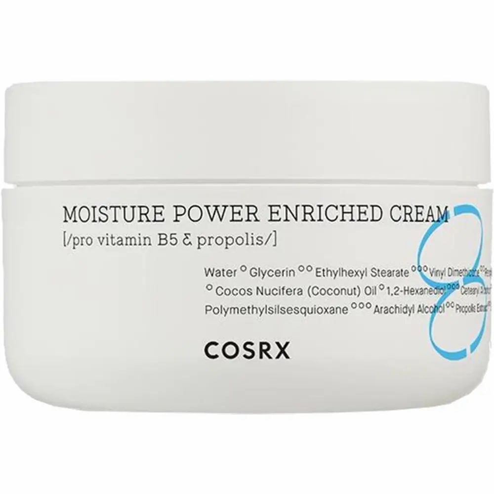 Vaso di crema bianco con testo blu. Scritta: MOISTURE POWER ENRICHED CREAM, COSRX. Contiene ingredienti.