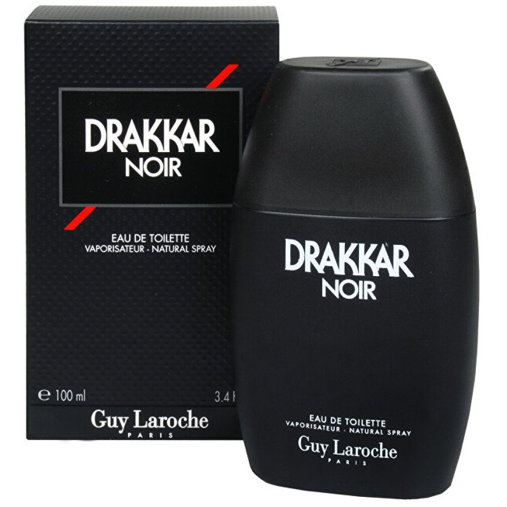 Flacone nero e scatola di Drakkar Noir Eau de Toilette Spray. Flacone nero con scritta bianca. Scatola con linea rossa.
