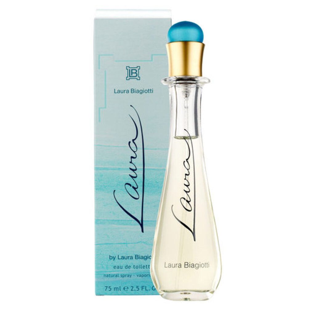 Flacone di profumo con tappo azzurro chiaro e collo dorato. Scritta "Laura". Confezione con scritta "Laura Biagiotti".