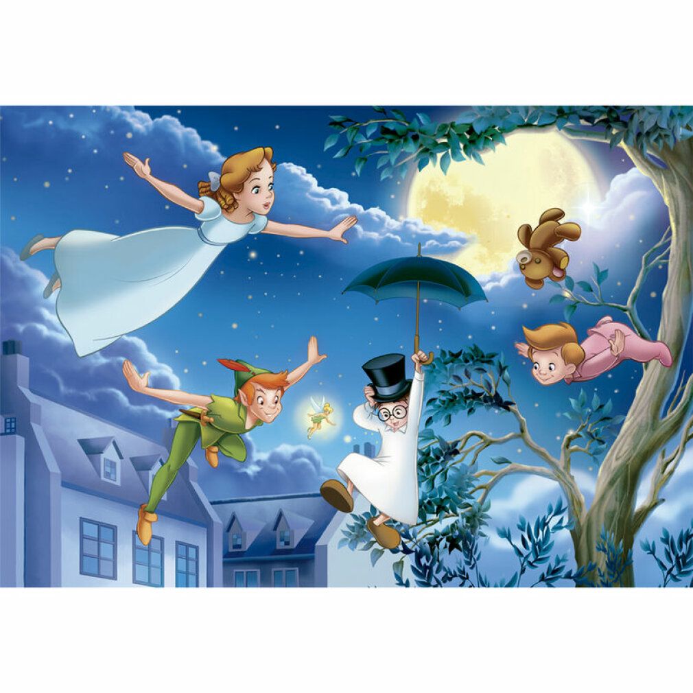 Puzzle con Peter Pan, Wendy e altri personaggi davanti a un cielo notturno con la luna. Nessun imballaggio.