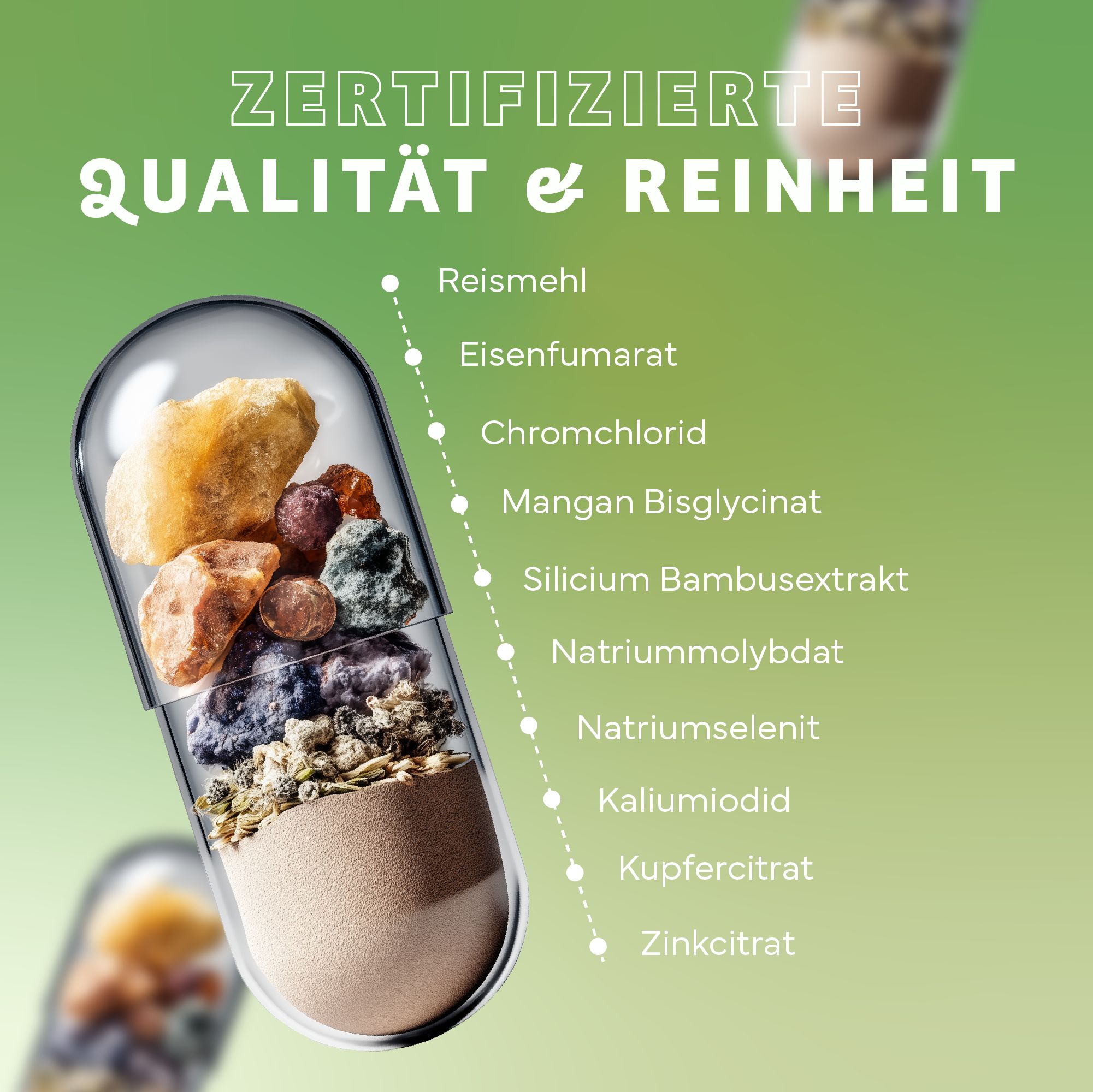 Capsula trasparente con minerali ed elenco degli ingredienti per Echt Vital Mineral Komplex.