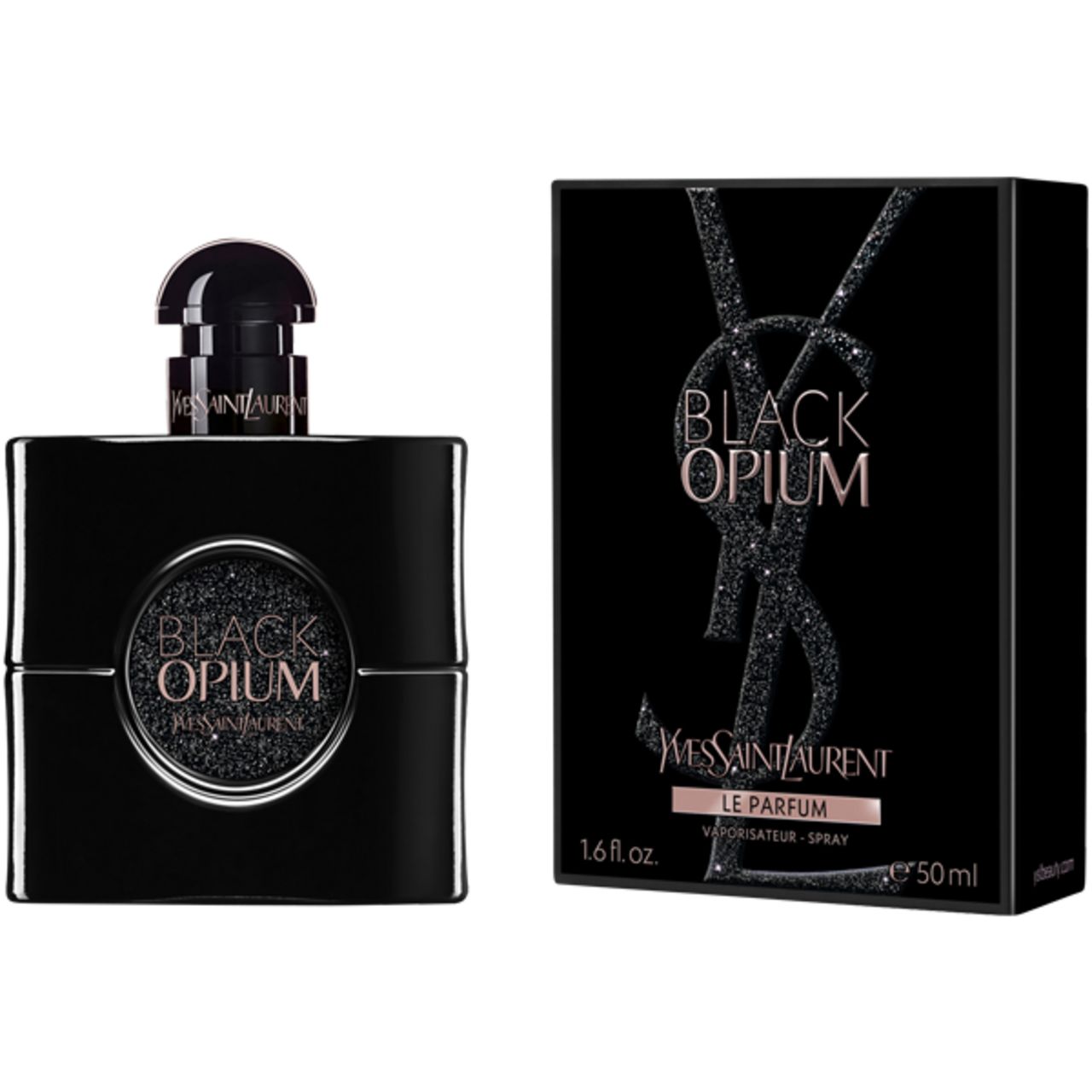 Flacone nero con tappo nero e confezione. Scritta: Black Opium, YSL. 50 ml.