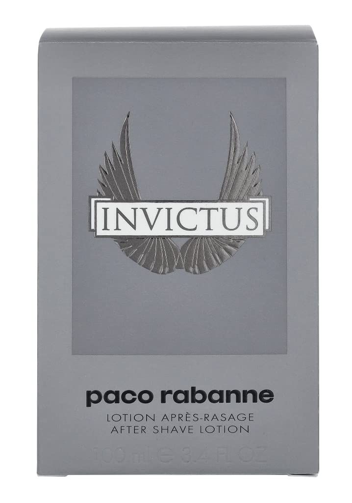 Scatola grigia con logo "Invictus" e scritta "paco rabanne". Sulla scatola è scritto "AFTER SHAVE LOTION".