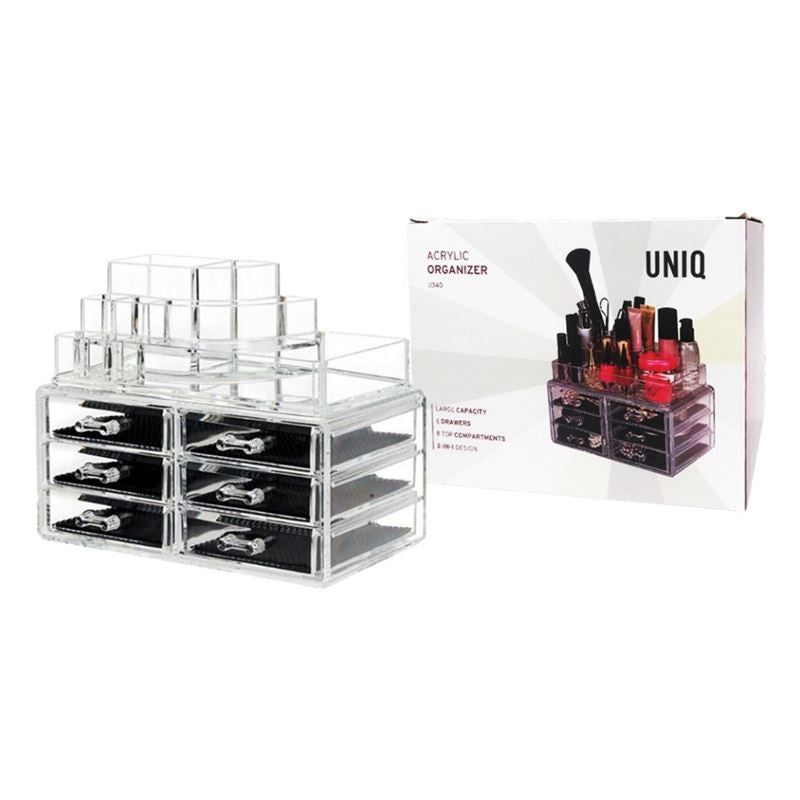 Organizzatore trucco con 6 cassetti e 18 scomparti, accanto alla confezione. Confezione con immagine del prodotto e logo UNIQ.