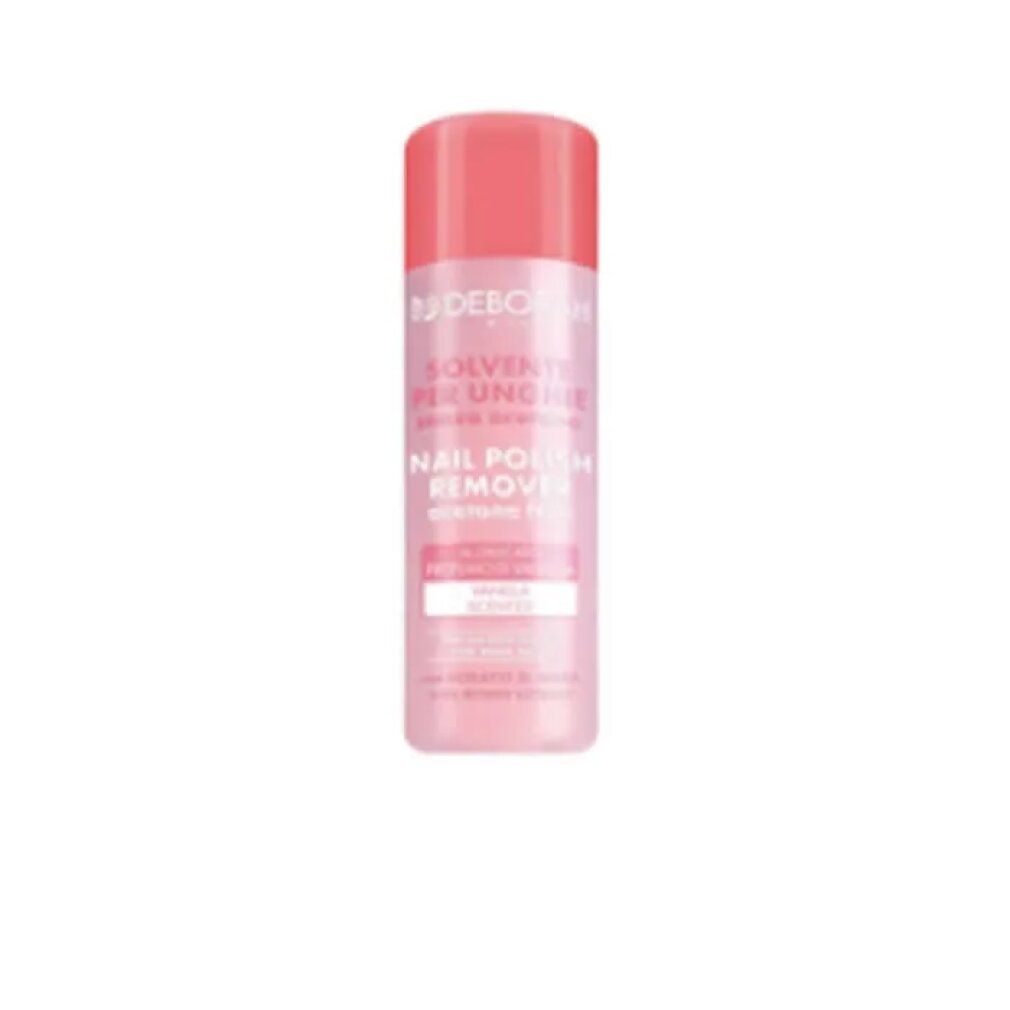 Flacone rosa con tappo rosa. Scritta: Deborah, Solvente per unghie. Nail Polish Remover. Senza acetone. Profumo vaniglia.