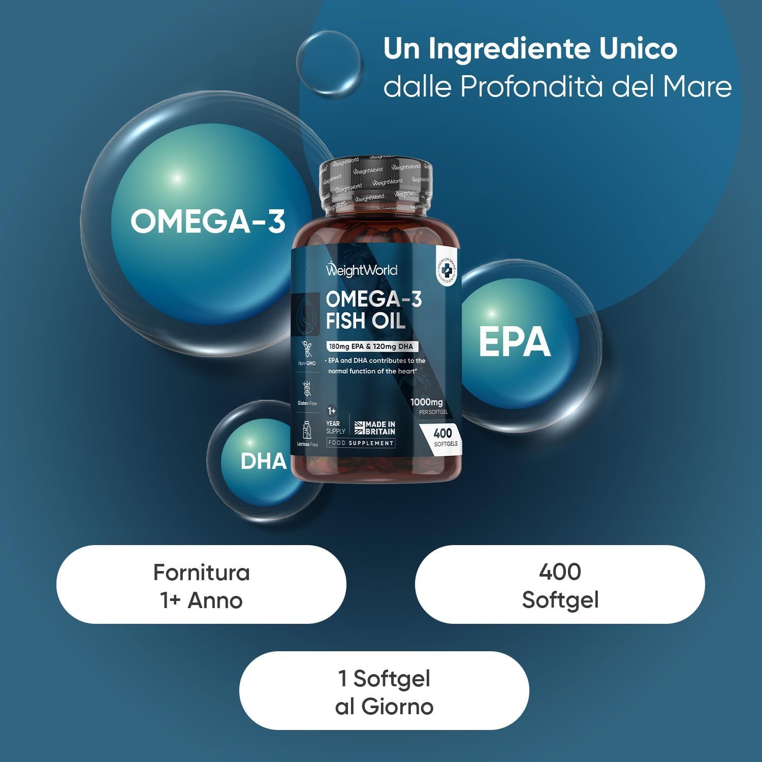 Flacone Omega 3 Fischöl con testo: 1000mg, 400 softgel. Testo: Un ingrediente unico dalle profondità del mare.