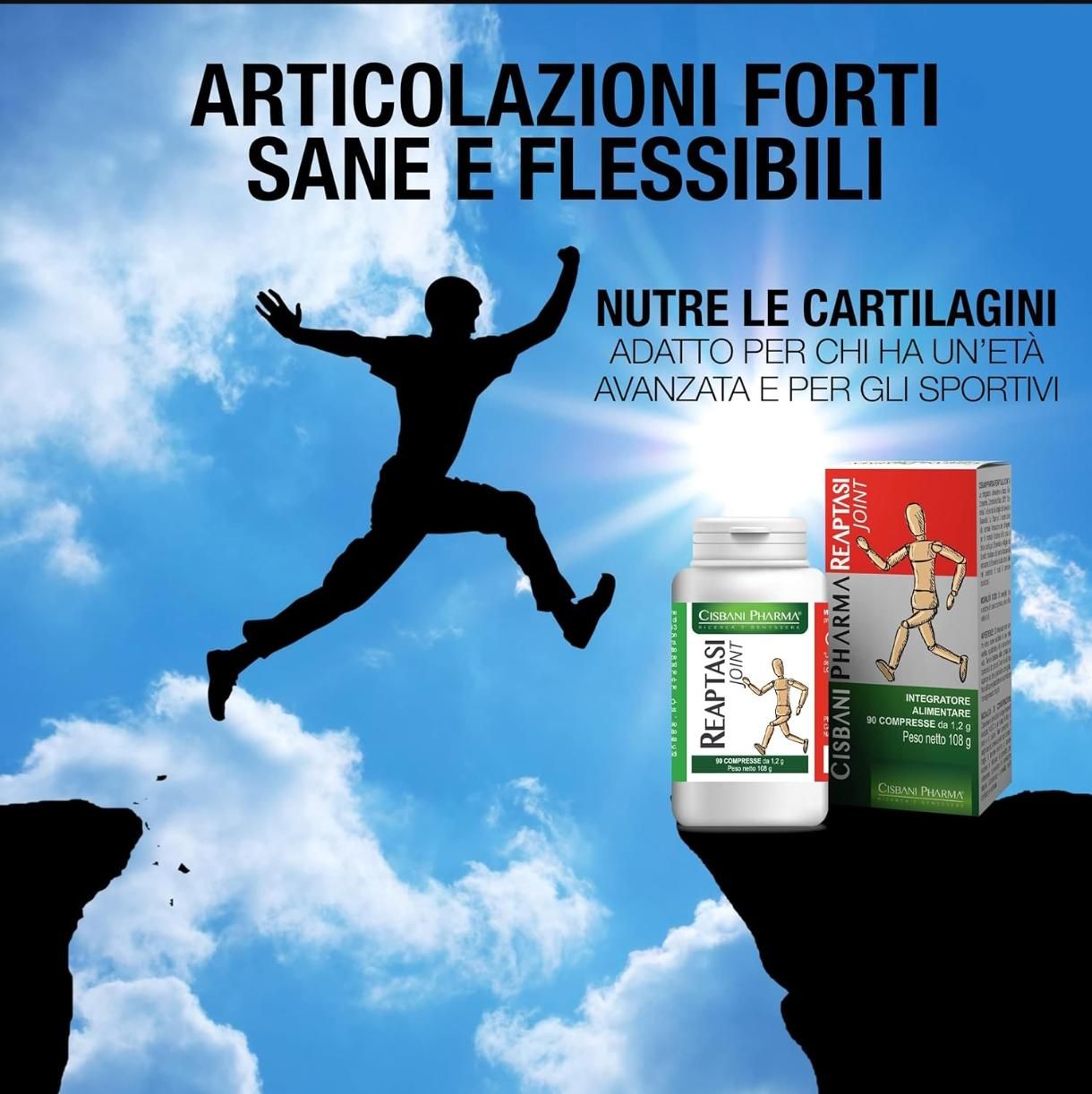 Integratore Cisbani Pharma Reaptasi JOINT. Flacone bianco e scatola. Silhouette di una persona che salta davanti alle nuvole.