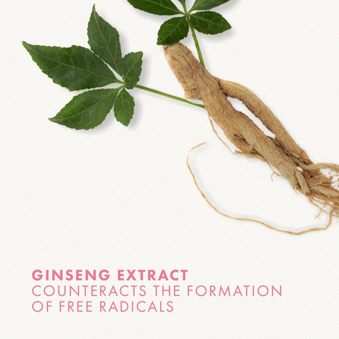Radice di ginseng con foglie. Testo: GINSENG EXTRACT COUNTERACTS THE FORMATION OF FREE RADICALS.