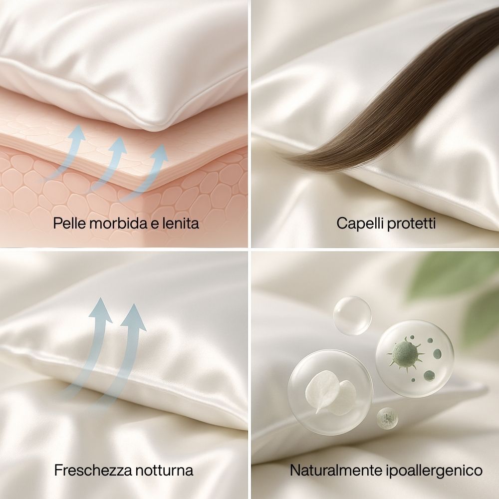 Primi piani su cuscino bianco. Testo: Pella morbida e lenita, Capelli protetti, Freschezza notturna.