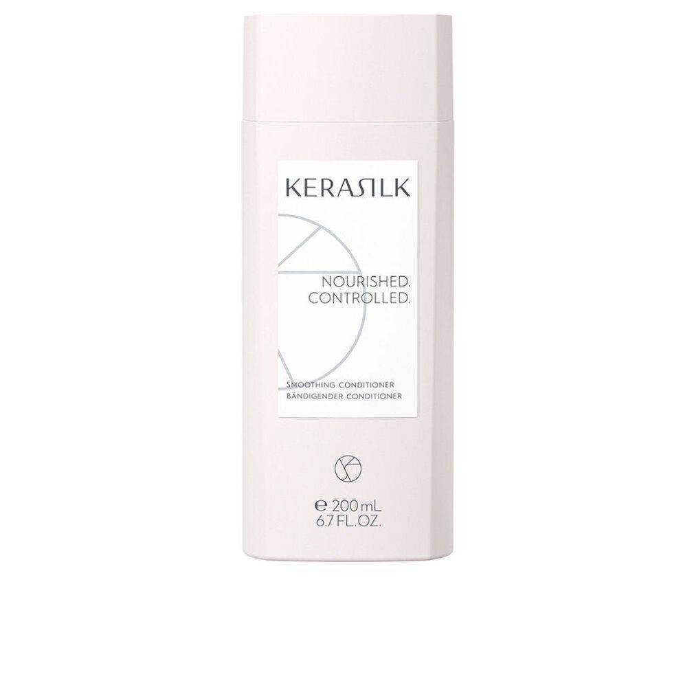 Contenitore bianco con logo Kerasilk e testo. Contiene "NOURISHED. CONTROLLED." e "Smoothing Conditioner".