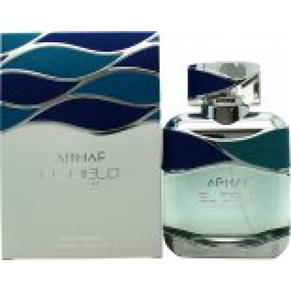 Flacone di profumo e confezione. Flacone e confezione con motivo a onde blu-turchese. Scritta: ARMAF EL CIELO.