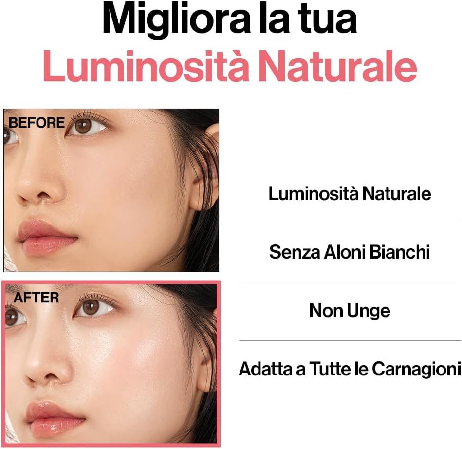 Confronto prima-dopo. Pelle con e senza d'Alba UV Essence Waterfull Tone-up Sunscreen. Testo: Luminosità Naturale, Senza Aloni Bianchi, Non Unge.