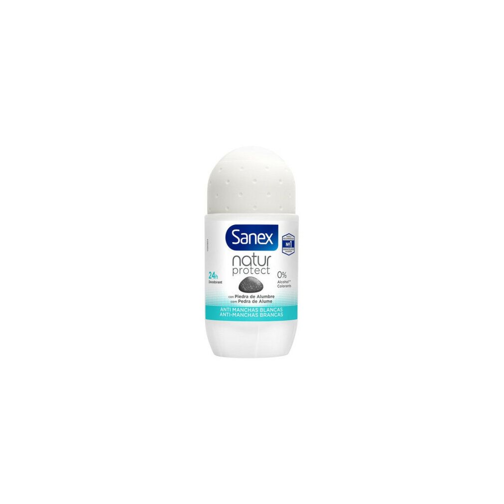 Deodorante roll-on bianco con tappo bianco. Scritta: Sanex natur protect. Scritta verde e bianca. Anti-macchie, 0% sali di alluminio.