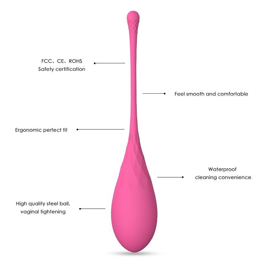 Singolo uovo di Kegel rosa. Scritte: FCC, CE, ROHS. Testo: Ergonomico, confortevole, impermeabile.