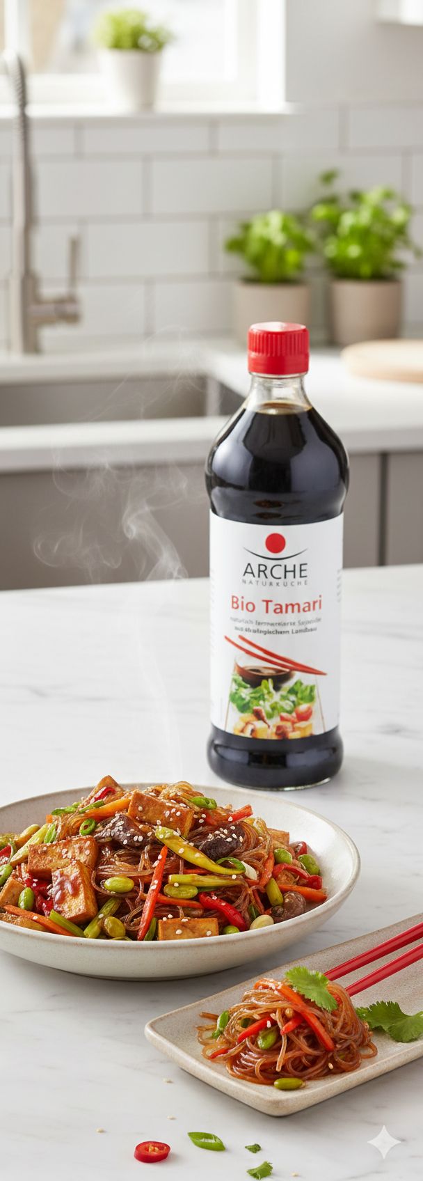 Bottiglia di salsa di soia Arche Bio Tamari accanto a una ciotola con piatto di noodles e guarnizione.