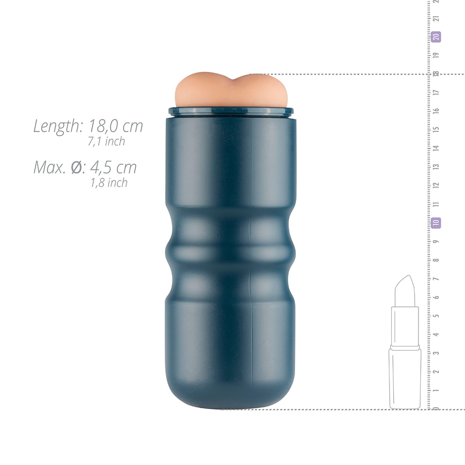 Masturbatore blu scuro, cilindrico, con inserto rosa. Dimensioni: Lunghezza 18 cm, Ø 4,5 cm.