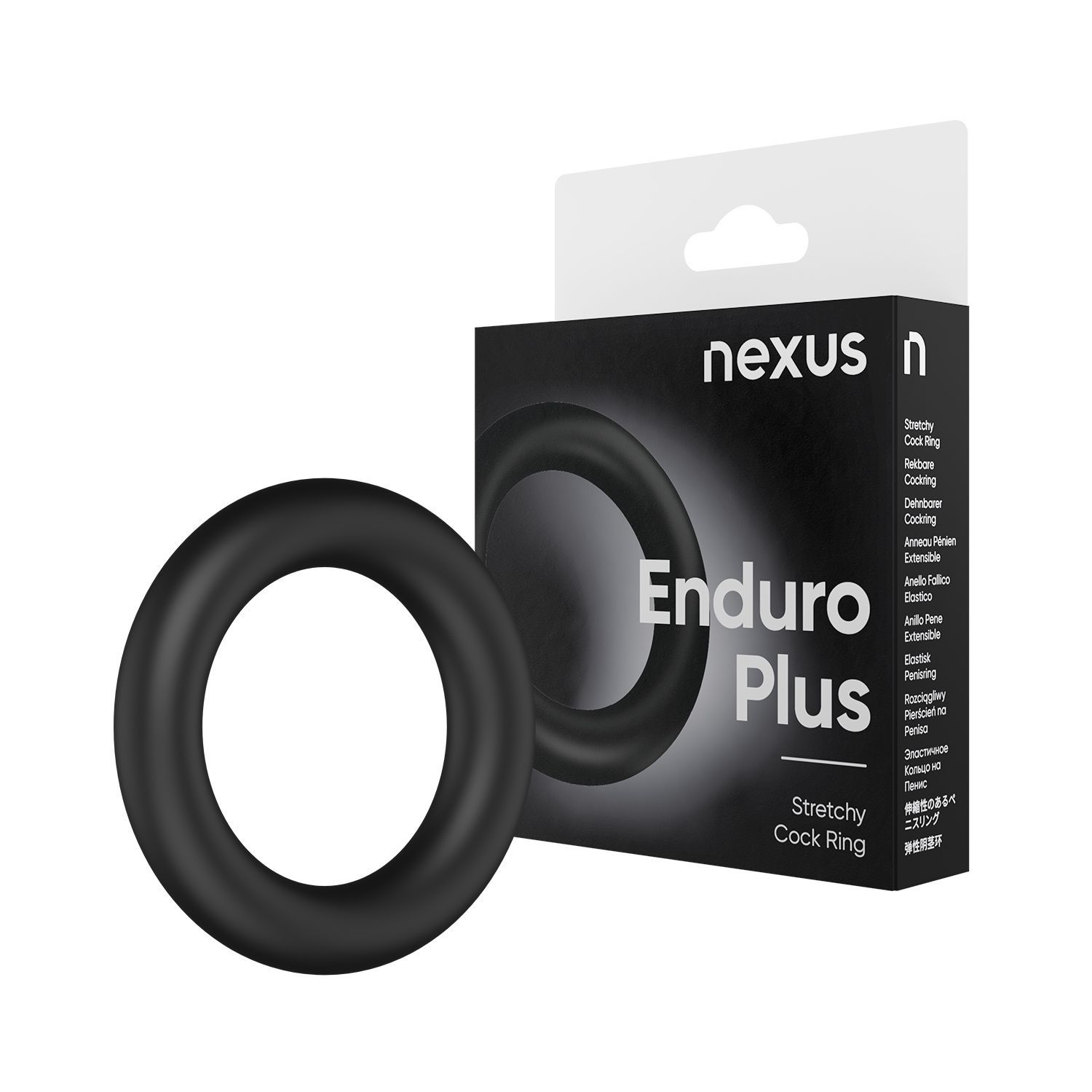 Anello fallico nero Nexus Enduro Plus e confezione. Nome e logo sulla confezione.