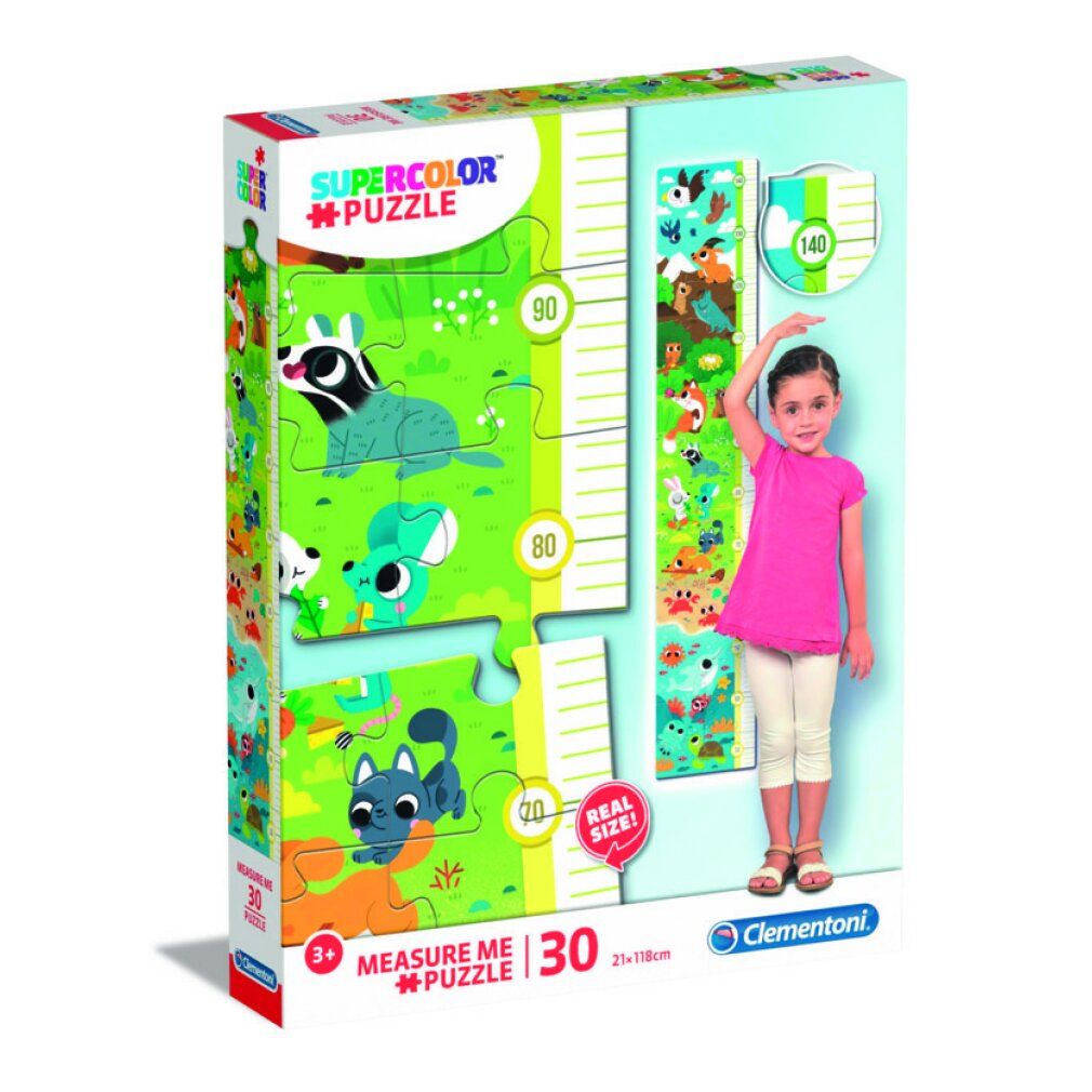 Puzzle Clementoni Meterware Tiere. Pezzi con animali e misure. Confezione con bambina che si misura alla scala metrica.