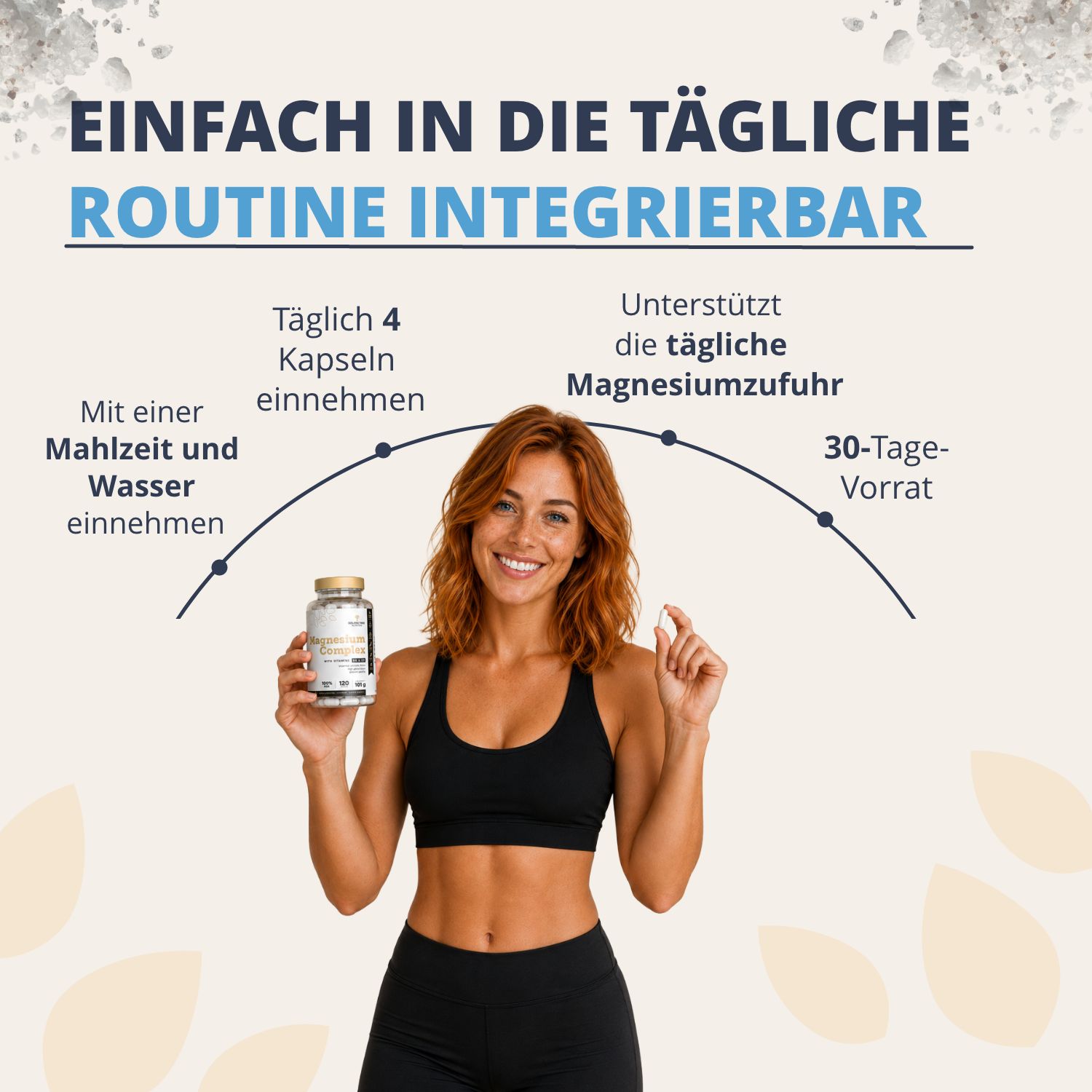 Donna che tiene una bottiglia di Golden Tree Magnesium Complex, integrabile nella routine quotidiana.