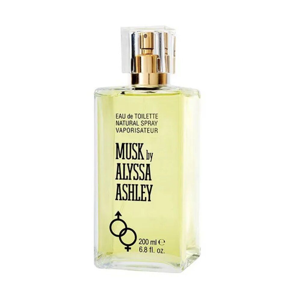 Alyssa Ashley Musk Eau de Toilette Spray. Flacone rettangolare con liquido giallo, testo nero.
